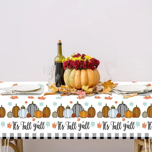Vista 4 de Buryeah 3 manteles de plástico desechables de Acción de Gracias y otoño, mantel de arce a cuadros de calabaza, 51 x 86.6 pulgadas, rectangular