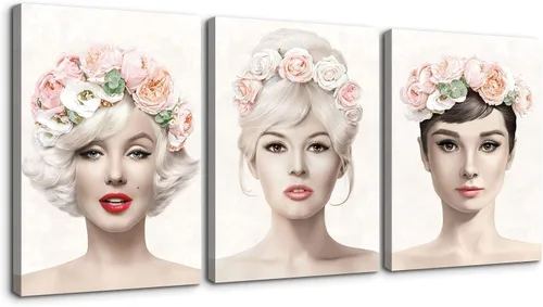 Vista 20 de Denozer Arte de pared en lienzo de 3 paneles con retrato de belleza de Marilyn Monroe, Audrey Hepburn y Brigitte Bardot, impresiones de cuadros