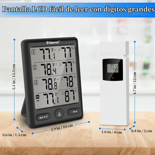 Vista 5 de Geevon Termómetro inalámbrico para interiores y exteriores con 3 sensores remotos, (negro)