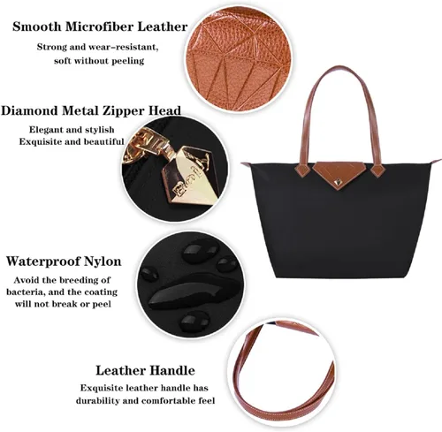 Vista 3 de Bolso de mano para mujer, bolso de hombro de nailon ligero grande y bolso de trabajo de viaje, plegable con asa superior con cremallera