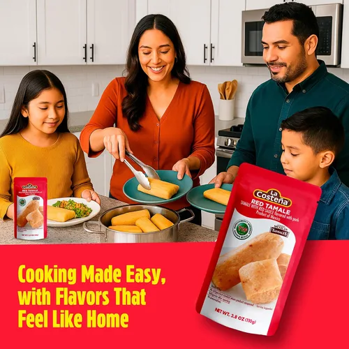 Vista 3 de La Costeña Red Tamales - Bolsa para microondas de comida mexicana, 3.8 onzas, paquete de 12 Made with Pork, Red Sauce & Masa Corn Meal, Ready to