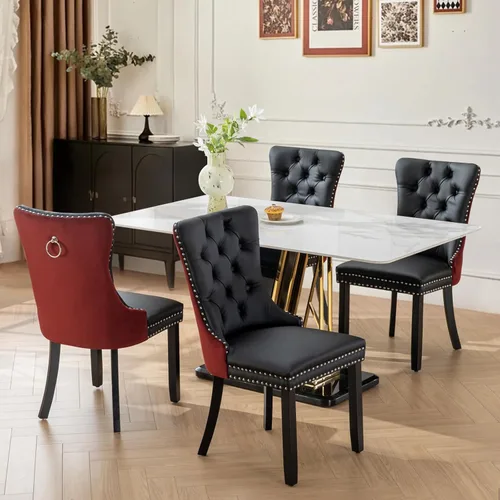 Vista 66 de Juego de 2 sillas de comedor tapizadas de tela de lino, sillas de cocina modernas de mediados de siglo con respaldo alto, ribete de cabeza de clavo
