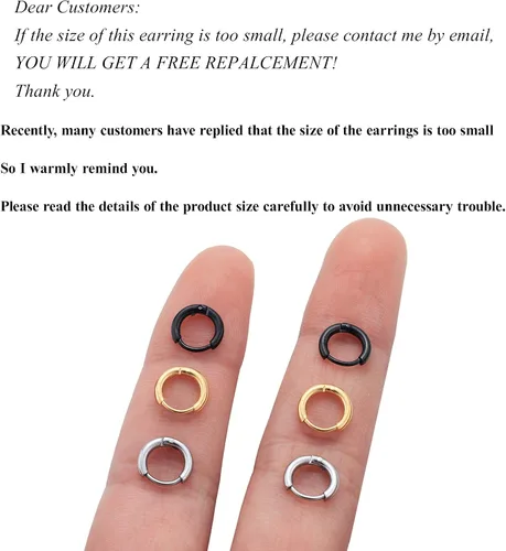 Vista 3 de Aretes de aro Huggie para mujeres y hombres, acero inoxidable quirúrgico 316L, 0.236 in, 0.315 in, 0.394 in, para hombre, aretes de aro