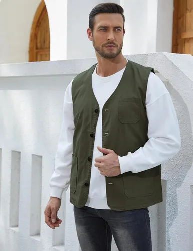 Vista 3 de Gihuo Chaleco de viaje para hombre, casual, con múltiples bolsillos, cuello en V, con botones, de algodón, chaleco de trabajo Verde militar