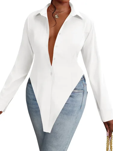 Vista 19 de OPOIPIN Blusa de manga larga con cuello en V para mujer, con botones, dobladillo con abertura