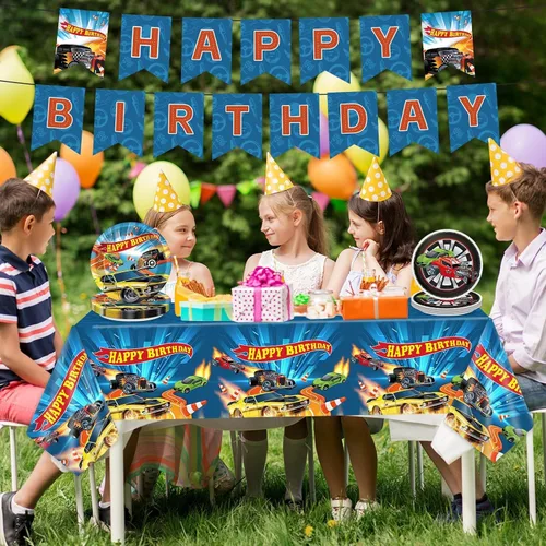 Vista 5 de 98 piezas de suministros de fiesta de cumpleaños de coches de carreras, platos y servilletas de papel rectangular de plástico mantel de carreras
