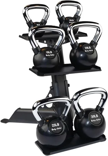 Vista 7 de Body-Solid (GDKR50) Soporte para pesas rusas de 3 niveles, compacto y duradero, soporte de pesas rusas para gimnasio en casa, se adapta a campanas
