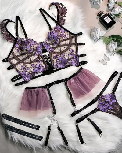 Vista 2 de Sheis beauty Purple Sexy Lace Garter Lingerie Set with Removable Choker Teddy Babydoll Strappy Bra and Panty Set