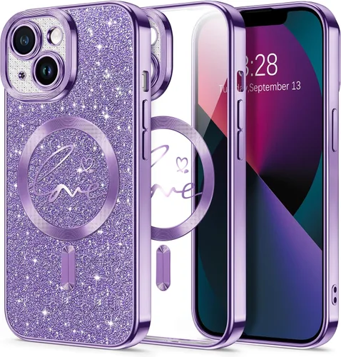 Vista 180 de Hython Funda para iPhone Air con purpurina, compatible con MagSafe Love Heart fundas magnéticas transparentes para teléfono para mujeres y niñas