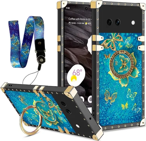 Vista 52 de nancheng Funda para Google Pixel 6 de lujo, diseño de abeja, corazón y abeja, chapado en oro, con anillo de diamante de 360°, correa de cordón