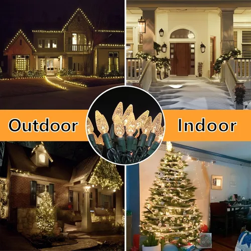 Vista 6 de 70 luces de Navidad C6 de color blanco cálido, 35.5 pies, para exteriores, impermeables, cable verde, IP65, certificación UL