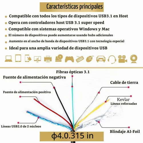Vista 2 de Cable de extensión USB A a C de fibra óptica USB 3.2 Gen2 10Gbps 10M 33 pies en ángulo recto compatible con Microsoft Azure Logitech Aver Vaddio