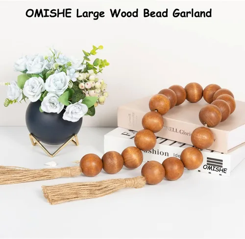 Vista 159 de OMISHE Guirnalda de cuentas de madera extra grande con cuentas de madera y borlas de 1.6 pulgadas de diámetro, cuentas decorativas rústicas de 41