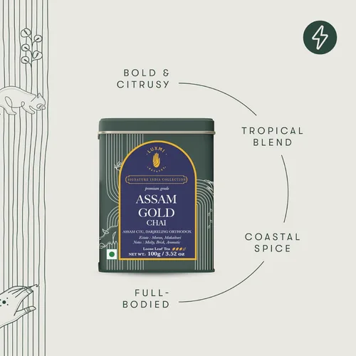Vista 4 de Luxmi Estates Assam Gold Chai 100 gm Colección Signature India Té CTC Colección de té negro Antioxidantes Té Assam Valley Cardamomo