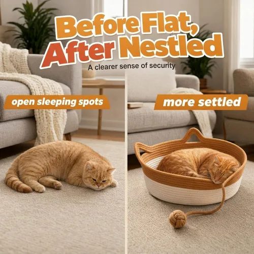Vista 3 de Cesta tejida a mano para gatos, cesta de cuerda para gatos, marrón