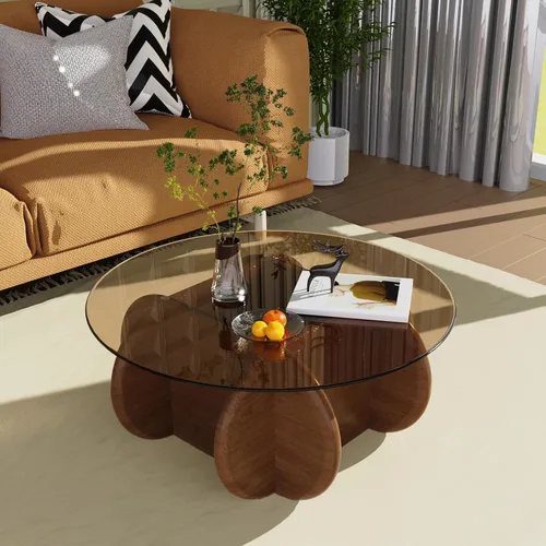 Vista 6 de Mesa de Centro con Tapa de Vidrio Negro, Mesa de Centro Redonda Moderna y Elegante con Patas de Madera Maciza y Superficie de Vidrio Templado