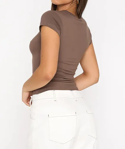 Vista 5 de KIGRAD Womens Short Sleeve Tee Shirt Top Basic Solid Slim Fit Round Neck Crop T-Shirt Sports Casual Workout