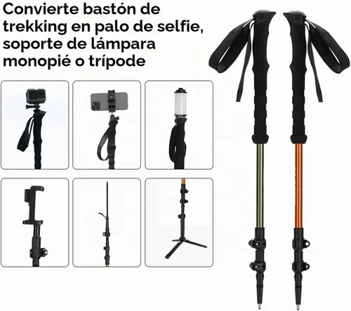 Vista 2 de Selfie Trekking Pole – Ultralight 7075 Aluminum Hiking Poles with Built-in 1/4” Mount, Selfie Clamp, Tripod & Camera Kit – Adjustable Flip-Lock