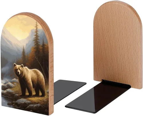 Vista 2 de Pintar sujetalibros decorativos de madera con diseño de oso marrón para estantes, habitación de los niños, escritorio, oficina en casa, tapones