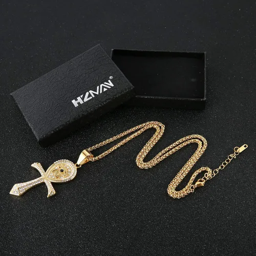 Vista 6 de HZMAN Collar religioso de acero inoxidable con dije de protección de ojo de Horus Egipto con cruz copta Ankh, Zirconia cúbica
