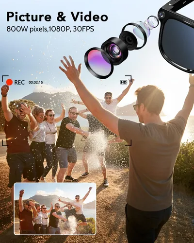 Vista 3 de CJkao Lentes inteligentes con cámara, música y llamadas Bluetooth, gafas de cámara HD de 800 W, grabación de video 1080P, control de asistente