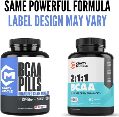 Vista 2 de Crazy Muscle Pastillas BCAA con la proporción perfecta 2:1:1 de aminoácidos de cadena ramificada suplemento – 1000 mg de BCAA por píldora