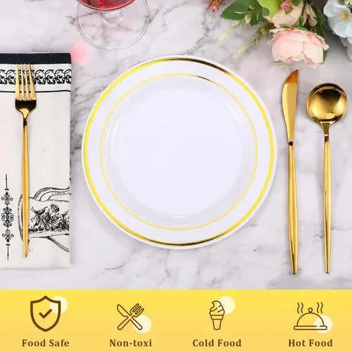 Vista 3 de Sieral 200 platos desechables de plástico para fiestas con borde de plástico duro, aperitivo, ensalada, postre de 7.5 pulgadas, elegante vajilla