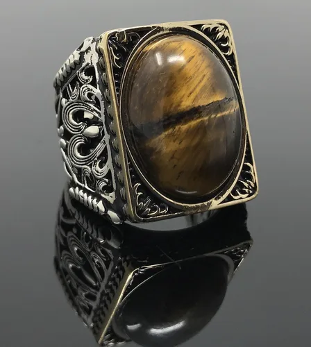 Vista 2 de KAR Anillo grande de plata de ley 925K con sello de ojo de tigre I1P