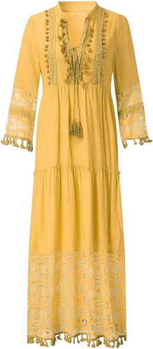Vista 3 de Vestido de mezclilla para mujer, bohemio, talla grande, con cuello en V, color sólido, con borlas, vestido largo de boda, vestidos de novia 2022