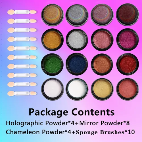 Vista 7 de Juego de polvos de uñas cromados de 16 colores, efecto espejo metálico holográfico Aurora Chameleon, pigmento con purpurina para esmalte de gel