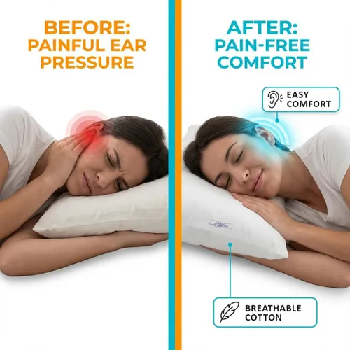 Vista 3 de SleepEasy - Almohada CNH de algodón cómoda con orificio para las orejas para dormir de lado, alivio de presión y dolor, ergonómica, transpirable e