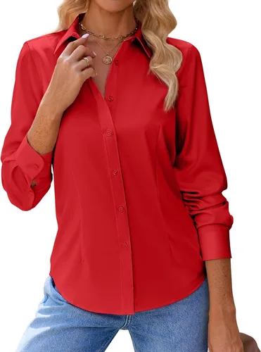 Vista 9 de siliteelon Camisas con botones para mujer, con protección contra manchas, de manga larga, sin arrugas, blusas de oficina