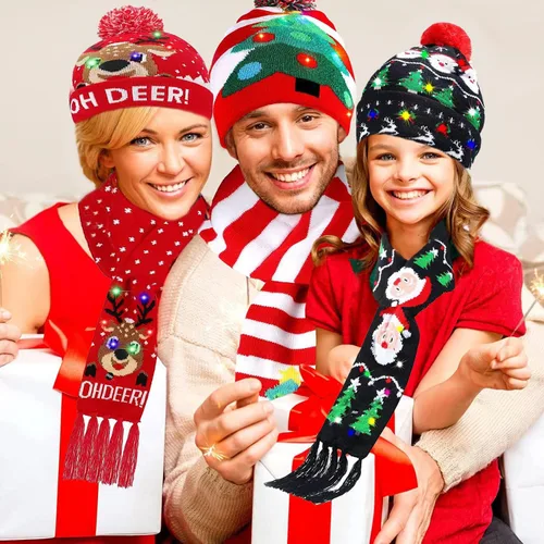 Vista 5 de Gorros de Navidad con luz LED, bufanda de punto, gorro de Navidad para adultos y niños, gorro de Navidad cálido para invierno