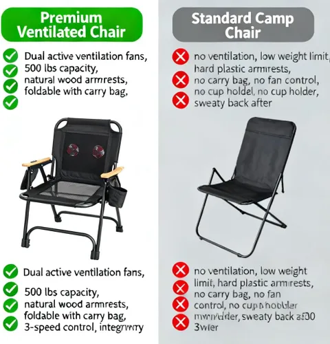 Vista 4 de Silla de camping con ventilador, ventiladores de refrigeración duales, silla plegable resistente de 500 libras, respaldo de malla transpirable