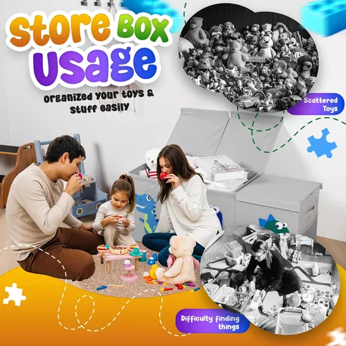Vista 7 de Organizador de almacenamiento de juguetes extra grande para niños, caja de juguetes plegable de 40 x 13 x 16 pulgadas con 3 tapas, divisores
