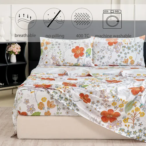 Vista 2 de Zusbest Juego de sábanas florales de 100 % algodón percal, color naranja y amarillo, juego de sábanas suaves y transpirables con diseño botánico