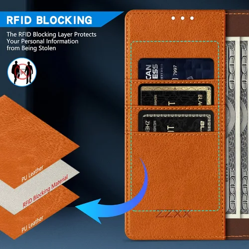 Vista 2 de ZZXX Funda tipo cartera para iPhone 11 con bloqueo RFID, ranura para tarjetas, función atril, cierre magnético, funda protectora de cuero para Marrón