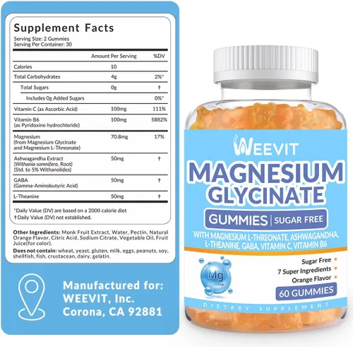 Vista 2 de Gomitas de glicinato de magnesio, glicinato de magnesio con L-treonato, Ashwagandha, L-teanina, suplementos de magnesio para mujeres y hombres
