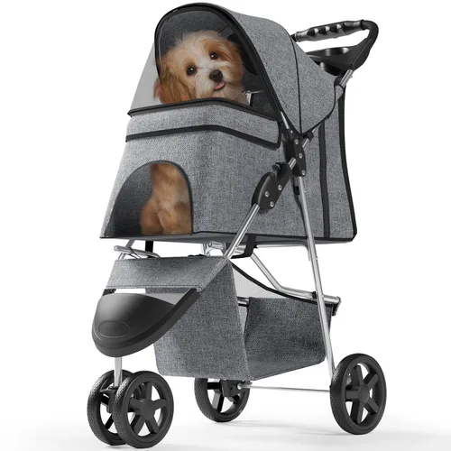Vista 11 de OS MOTOR - Carriola para mascotas con 3 ruedas para mascotas pequeñas/medianas, portavasos plegable y portátil para perro gato cachorro gatito