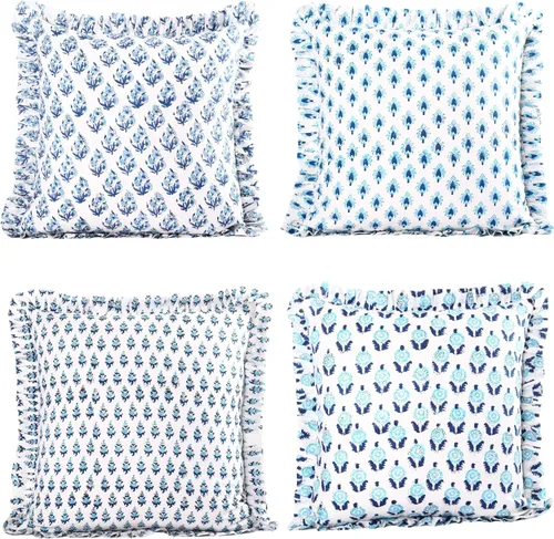 Vista 10 de Trade Star Juego de 4 fundas de almohada 100% algodón índigo, con volantes, súper suaves, altamente duraderas, hechas a mano, juego de 4 fundas
