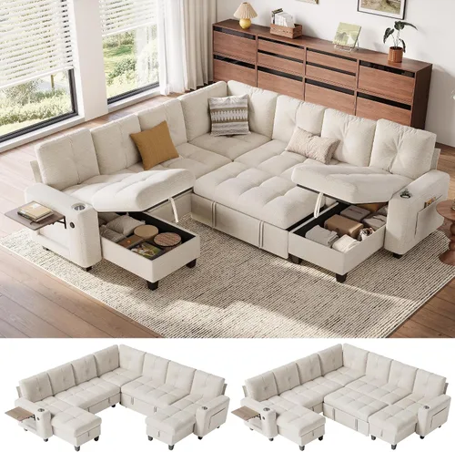Vista 11 de LINSY HOME Modular Sectional Sofa Bed, Chenille Pull Out Couch 2 Seat Beige