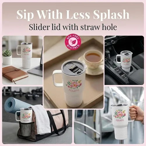 Vista 5 de Just So Posh Abuela Flowers Tumbler, Vaso de Café de Viaje con Asa y Tapa Deslizante, Blanco 20 oz Polar Camel, Acero Inoxidable, Aislado al Vacío