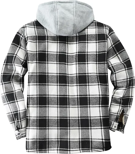 Vista 3 de IVUMA Camisas de algodón a cuadros de manga larga para hombre, chaqueta de franela con forro polar, camisas de franela Sherpa con botones y capucha