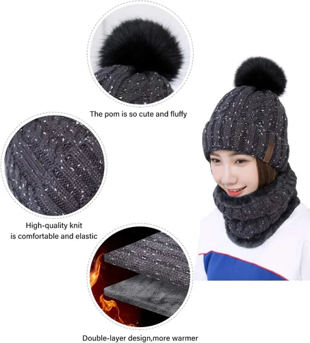 Vista 3 de IYEBRAO - Conjunto de gorro y bufanda de punto de invierno para mujer, lindo gorro de esquí con forro polar grueso, gorro de esquí cálido con pompón
