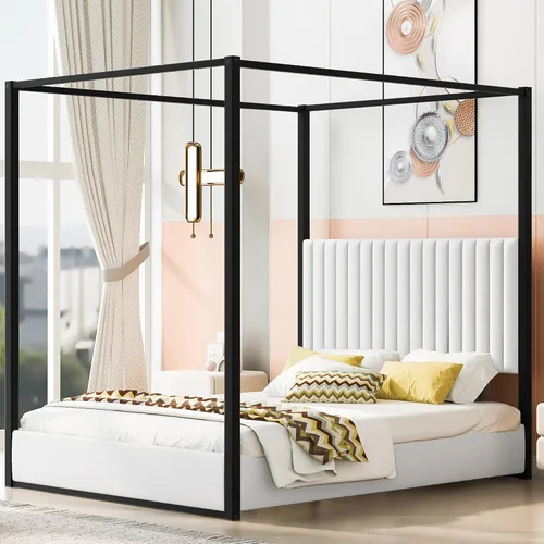Vista 14 de Cama de Plataforma con Dosel de 4 Postes de Lujo Moderna Tamaño Queen con Cabecera Alta Tapizada en Terciopelo, Marco de Cama de Plataforma