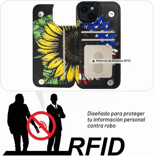 Vista 4 de HAOPINSH Funda tipo cartera con tarjetero para iPhone 14/13, diseño de Girasoles Bandera Americana