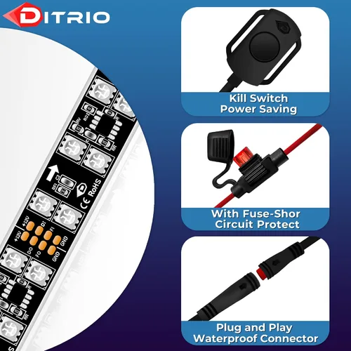 Vista 6 de 8 piezas de luces LED de doble fila para motocicleta con señal de giro y freno, kits de luces de resplandor con control remoto DITRIO APP/RF, zona