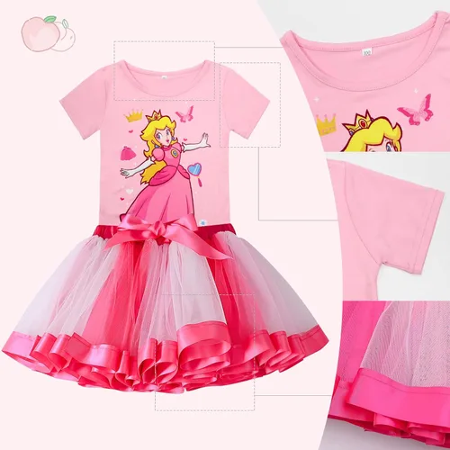 Vista 4 de ADREIT Conjunto de disfraz de princesa melocotón para niñas, vestido de tutú de princesa melocotón con accesorios para cosplay, fiesta de Halloween