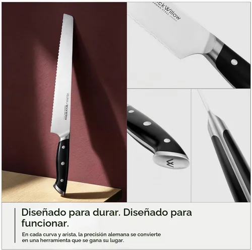 Vista 8 de WICKWILLOW Cuchillo de pan de 10 pulgadas – Acero alemán afilado DIN1.4116 – Cuchillo dentado para rebanar pan casero, masa madre y pastel – Espiga