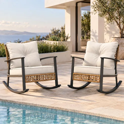 Vista 9 de LAUSAINT HOME Mecedora de mimbre para exteriores, silla de patio de gran tamaño, cómoda silla mecedora con cojín grueso, silla moderna y acogedora